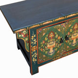 Chinese Tibetan Teal Green Blue Jewel Treasure Graphic Low TV Console Table cs7744S