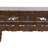 Vintage Chinese Brown Wood Open Flower RuYi Carving Apron Altar Console Table cs7802S