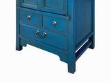 Oriental Dark Teal Blue Narrow Wood Detail Door Drawers Storage Cabinet cs7824S