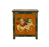 Tibetan Oriental Green Orange Foo Dogs Lions End Table Nightstand ws4634S