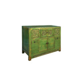 Oriental Distressed Lime Green Floral Carving Credenza Storage Cabinet ws4482S