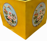Chinese Wood Square Distressed Yellow Lotus Graphic Handle Bucket ws3509S