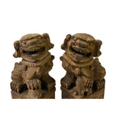 Pair Chinese Hand-carved Vintage Wood Fengshui Foo Dog Figures ws3382S