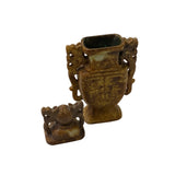 Chinese Brown Color Stone Carved Dragons Flat Jar Display Art ws3469S
