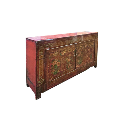 Vintage Chinese Orange Red Brown Floral Graphic Credenza Sideboard Cabinet ws4314S