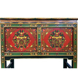 Asian Tibetan Style Floral Graphic Red Green Yellow Console Credenza Table ws4988S