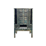 Vintage Distressed Teal Blue Oriental Carving Storage Cabinet ws4991S