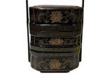 Vintage Chinese Black & Gold Lacquered Wood Basket Floral Geometric Motifs ws5027S