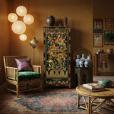 Oriental Tibetan Style Golden Dragon Graphic Tall Slim Storage Cabinet ws5063S