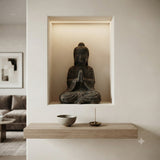 24" Distressed Black Brown Cross Legs Peaceful Hands Stone Buddha Statue ws5078S