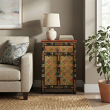 Tibetan Style Geometric Graphic Brown Golden Yellow End Table Nightstand ws4994S