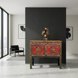 Asian Tibetan Style Floral Graphic Red Green Yellow Console Credenza Table ws4988S