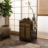 Tibetan Style Geometric Graphic Brown Golden Yellow End Table Nightstand ws4994S