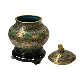 Golden Green Metal Cloisonné Lion Flower Enamel Round Box Jar GB291S