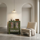 Olive Green Oriental People Graphic End Table Nightstand GB600S