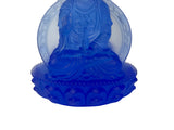 Blue Frosted Crystal Glass Lotus Base 2 Sides Bodhisattva Guanyin Figure GB894S