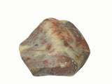 A polished irregular stone with marbled patterns of cream, reddish-brown, gray, and dark brown, isolated on a white background.