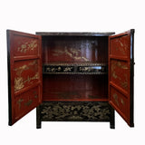 Vintage Asian Black Lacquer Golden Carving Side Table Credenza Cabinet cs7586S