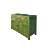 Oriental Distressed Lime Green Floral Carving Credenza Storage Cabinet ws4482S