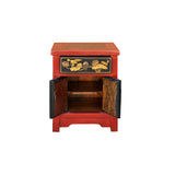 Oriental Distressed Red Black Golden Graphic Side End Table Nightstand cs7695S