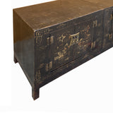 Vintage Oriental Distressed Flower Vases Black Low TV Console Cabinet cs7741S