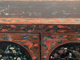 Vintage Chinoiseries Brick Red & Stone Inlay Graphic Credenza Cabinet cs7770S
