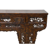 Vintage Chinese Brown Wood Open Flower RuYi Carving Apron Altar Console Table cs7802S