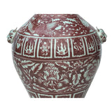 Vintage Copper Red Phoenix Flower Graphic Foo Dog Ear Ceramic Fat Pot Vase ws3521S