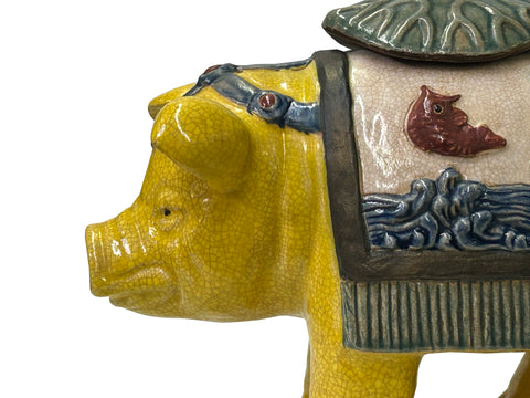 Oriental Vintage Yellow Gray Ceramic Piggy Shape Container Jar Figure ws3875S