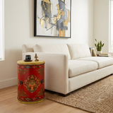 Distressed Red Lotus Tibetan Style Jewel Tower Graphic Round Drum Table ws4984S