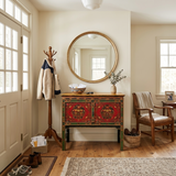 Asian Tibetan Style Floral Graphic Red Green Yellow Console Credenza Table ws4988S