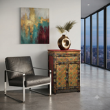 Tibetan Style Geometric Graphic Brown Golden Yellow End Table Nightstand ws4994S