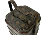 Vintage Chinese Black & Gold Lacquered Wood Basket Floral Geometric Motifs ws5027S