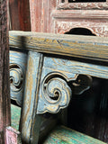 Distressed Brown Light Blue Village Slim Narrow Scroll Apron Wood Bench ws4532S