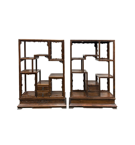 Pair Chinese Vintage Brown Stain Chest Height 51" Curio Display Cabinets GB239ABS