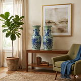 Pair Chinese Light Celadon Blue Kirin Graphic Tall Porcelain Art Vases GB597S