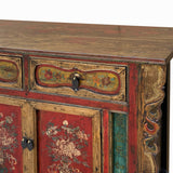 Chinese Distressed Mustard Yellow Red Flower Sideboard Credenza Cabinet cs7742S