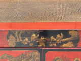 Vintage Oriental Distressed People Graphic Brick Red Low TV Console Cabinet cs7759S