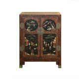 Vintage Chinoiseries Brick Red & Stone Inlay Graphic Credenza Cabinet cs7770S