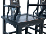 Pair Vintage Chinese Rustic Black Lacquer Deer Motif Yoke-Back Armchairs cs7807S