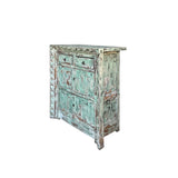 Distressed Soft Turquoise Green Geometric Edge Credenza Storage Cabinet ws4458S