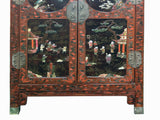 Vintage Chinoiseries Brick Red & Stone Inlay Graphic Credenza Cabinet cs7770S