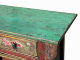 Chinese Distressed Red Green Flower Sideboard Credenza Cabinet cs7825S