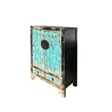 Distressed Aqua Blue Black Rim Marks Moon Face Credenza Side Cabinet ws4397S