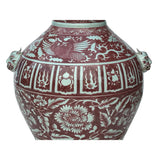 Vintage Copper Red Phoenix Flower Graphic Foo Dog Ear Ceramic Fat Pot Vase ws3521S