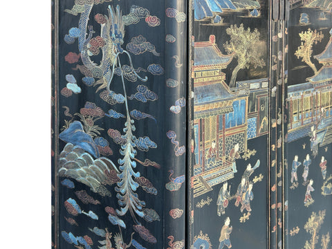 Vintage Black Lacquer Color Houses Trees Dragon Graphic Storage Cabinet ws4300S