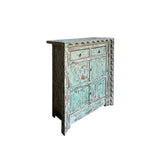 Distressed Soft Turquoise Green Geometric Edge Credenza Storage Cabinet ws4458S