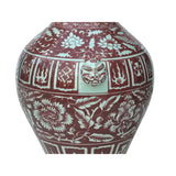 Vintage Copper Red Phoenix Flower Graphic Foo Dog Ear Ceramic Fat Pot Vase ws3521S