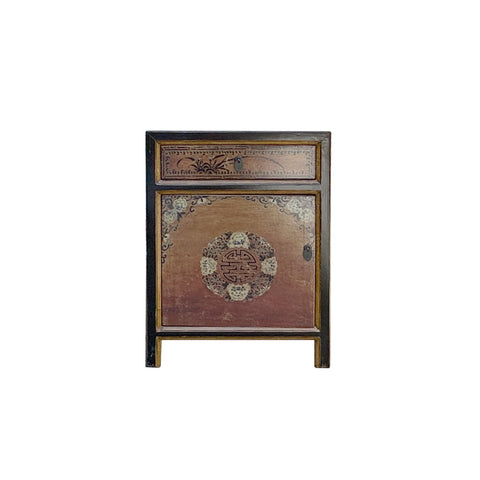 Oriental Distressed Orange Base Flower Graphic Black Body End Table Nightstand ws4411S
