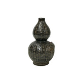 artisan ceramic gourd vase rooster motif brown metallic pottery piece